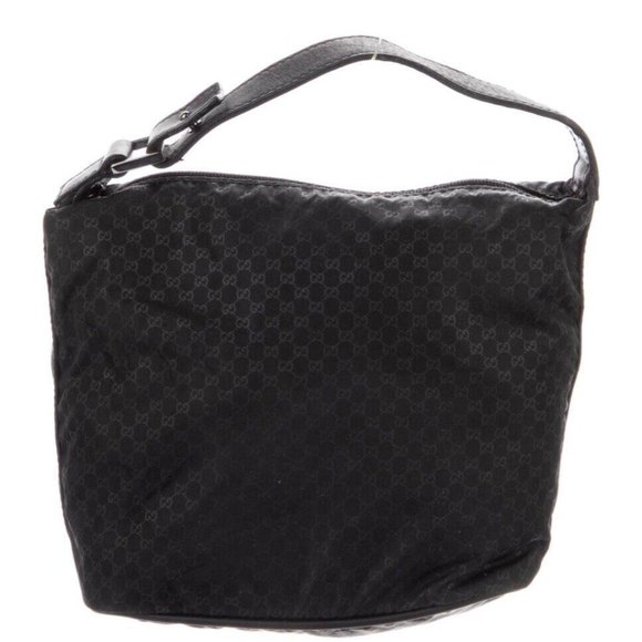 Gucci GG Nylon Black Mini Hobo Bag Leather Trim Silver Hardware Button Strap - Picture 1 of 5